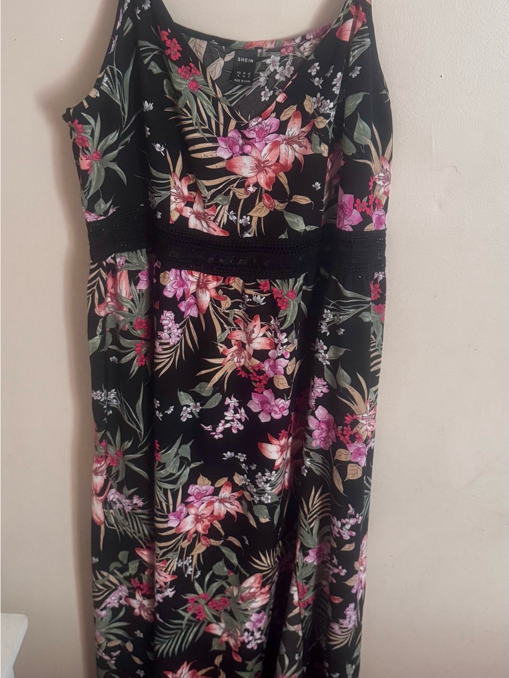 SHEIN Black Maxi Dress with Pink & Green Floral Print